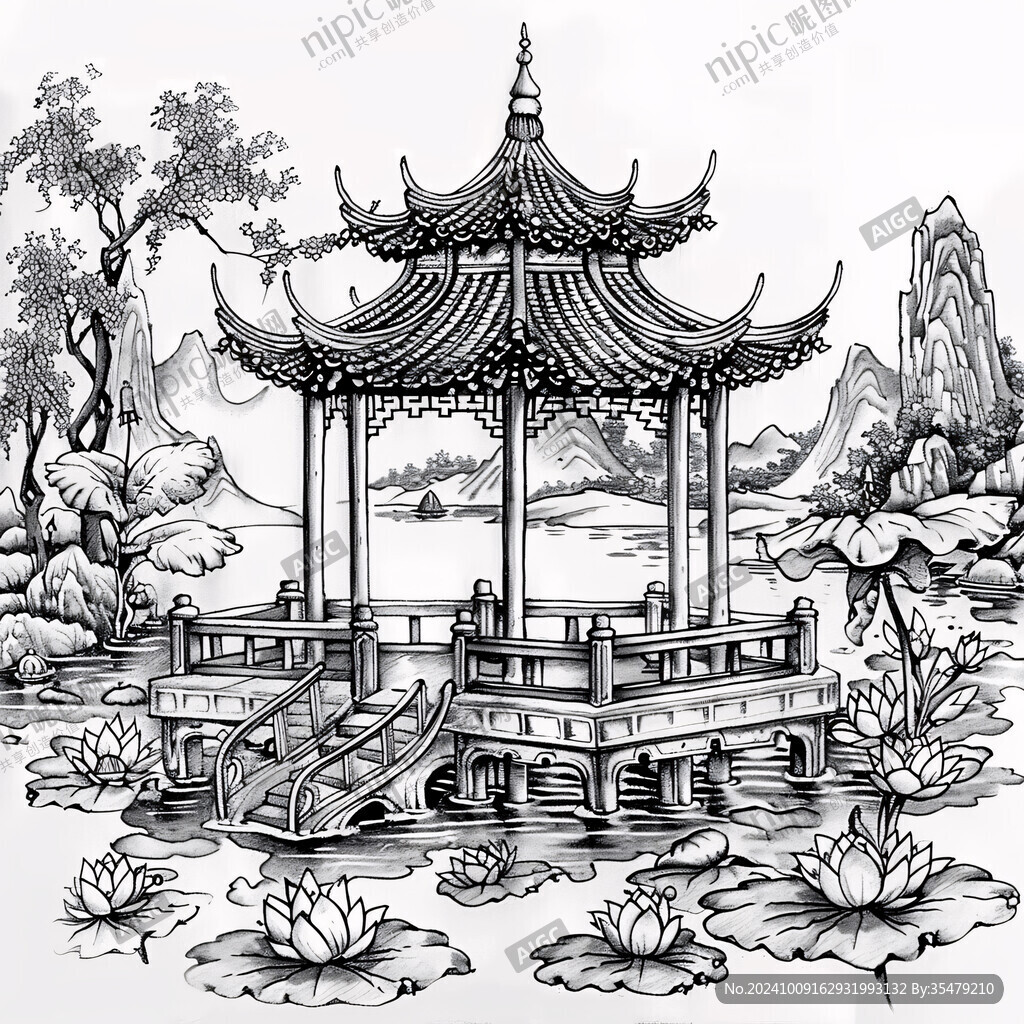 线描烟水亭