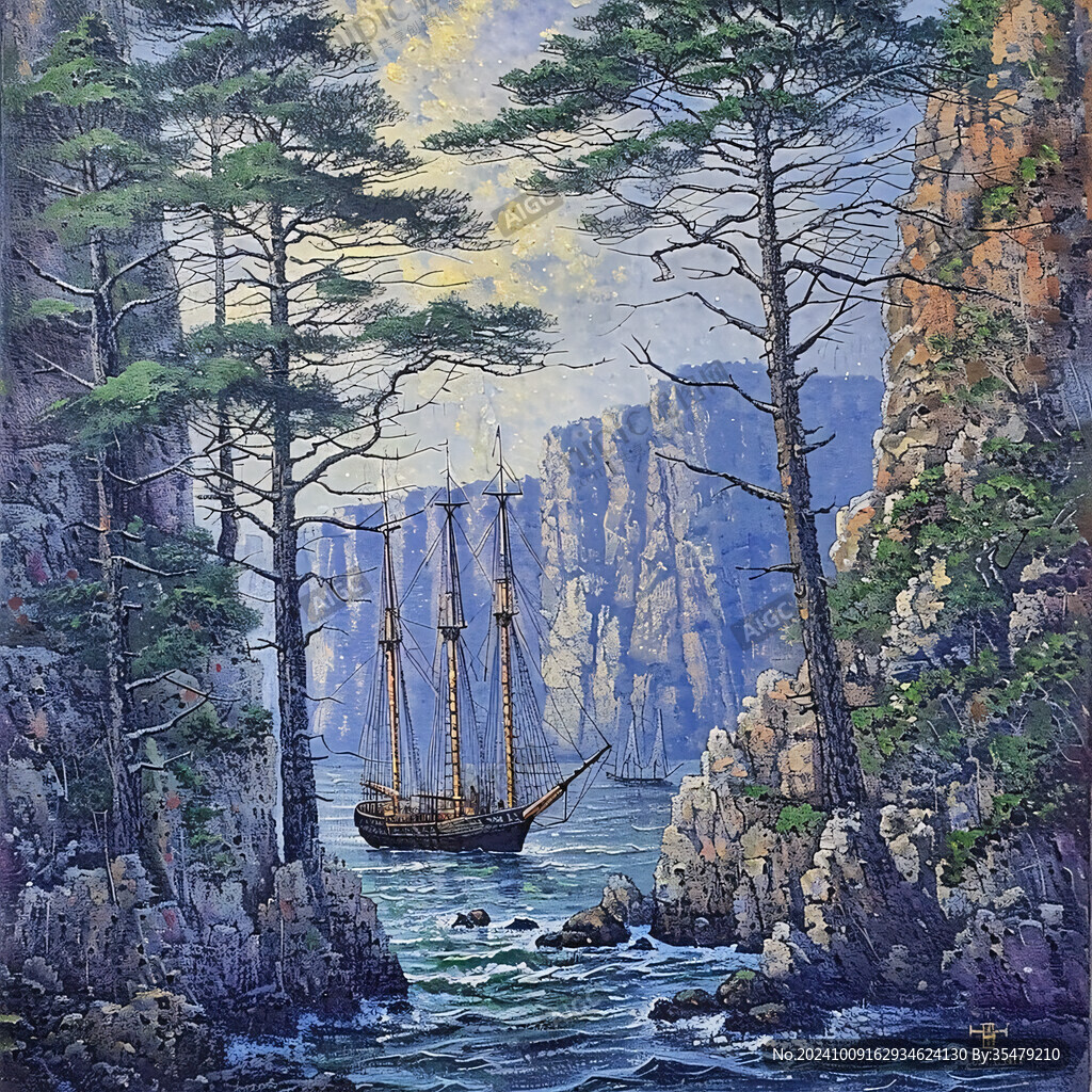 山峰渔船群山油画壁画