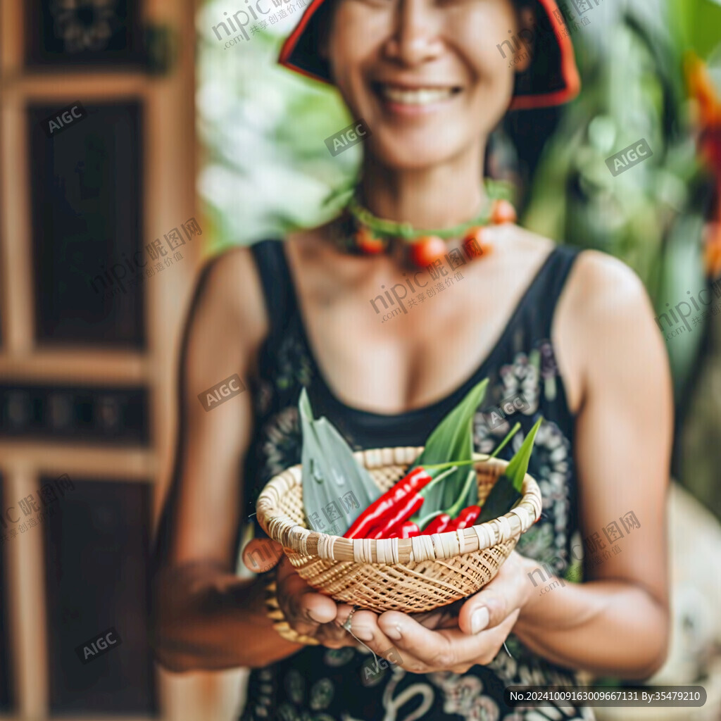 巴厘岛女子顶竹篮子