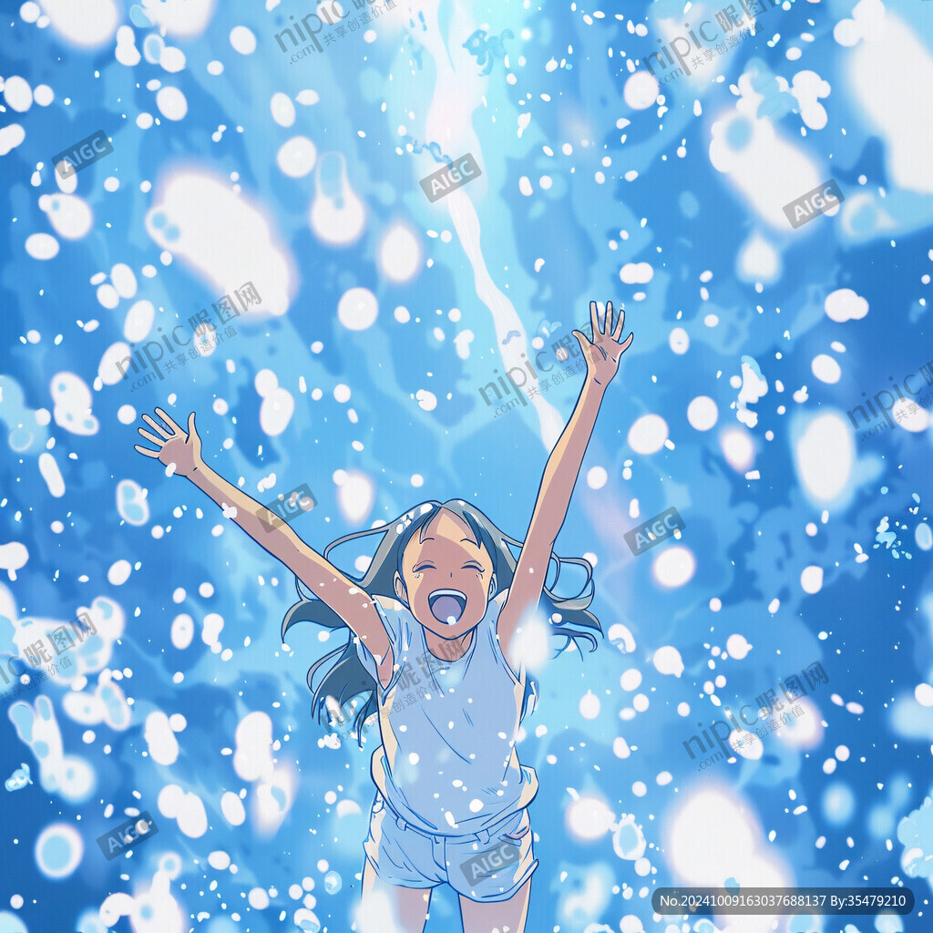 手绘女孩潜水气泡插画