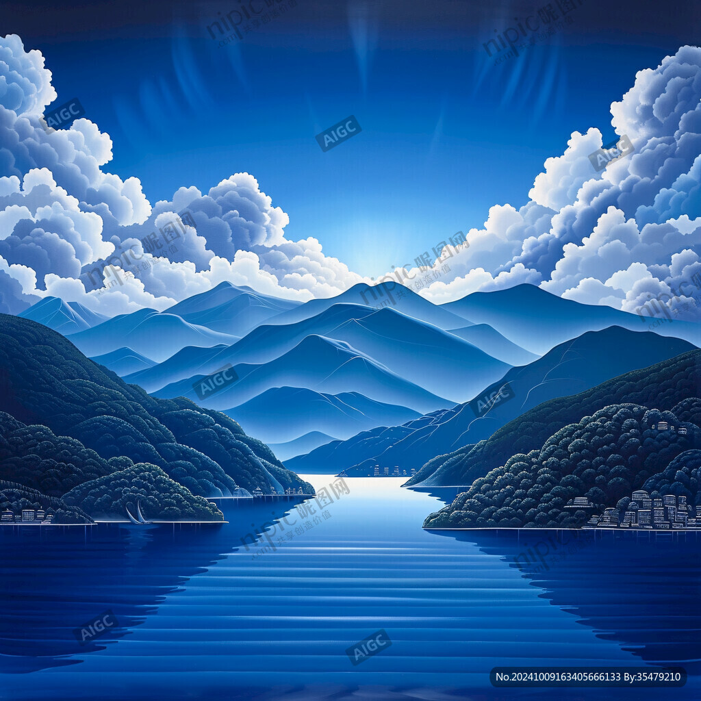 巨幅蓝色山水背景