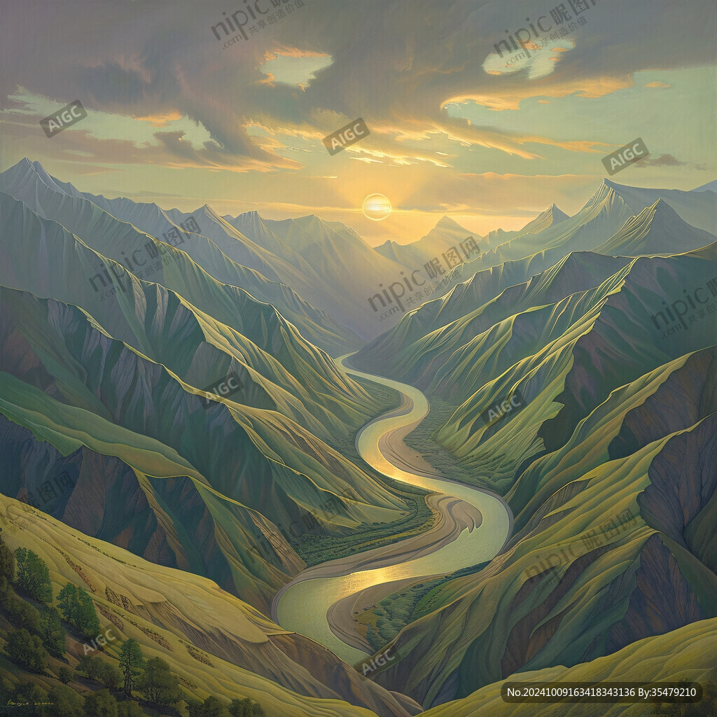 手绘油画群山河流线条