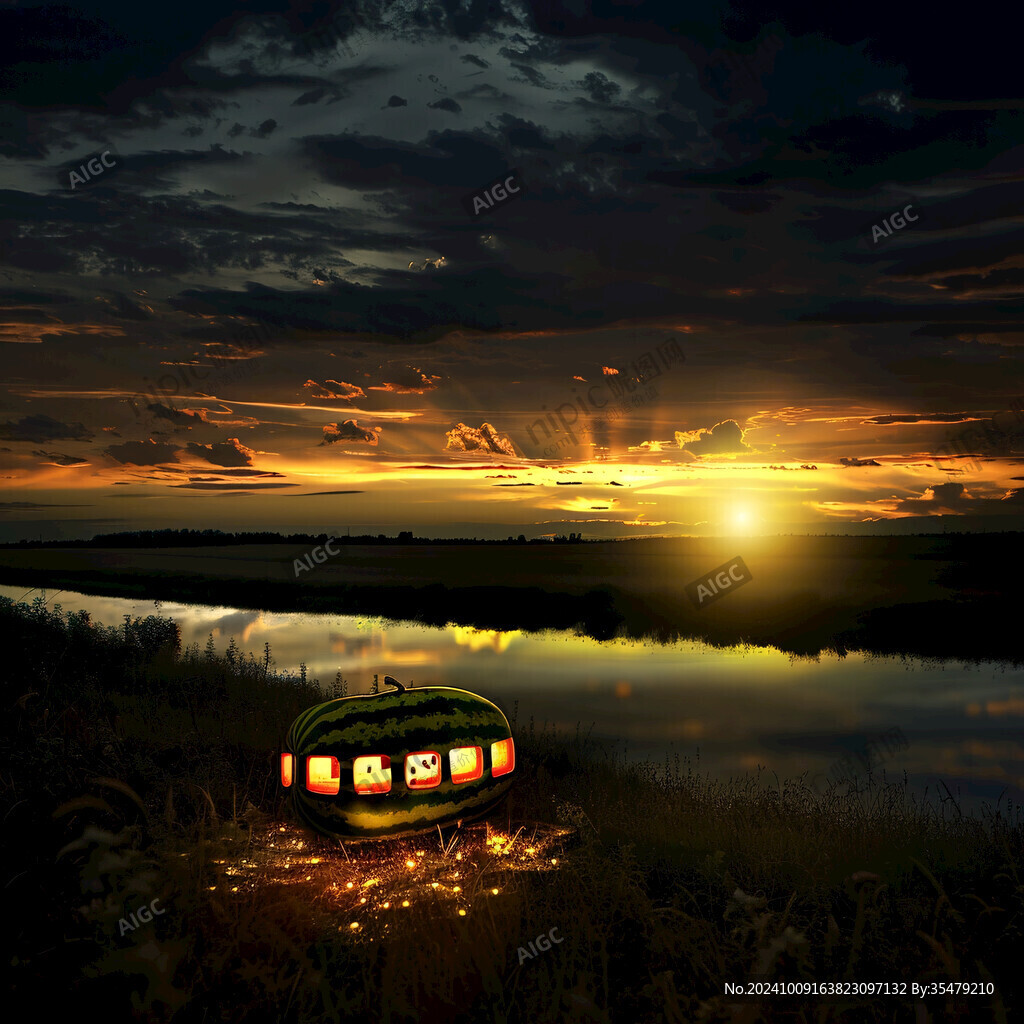 草地小河夕阳