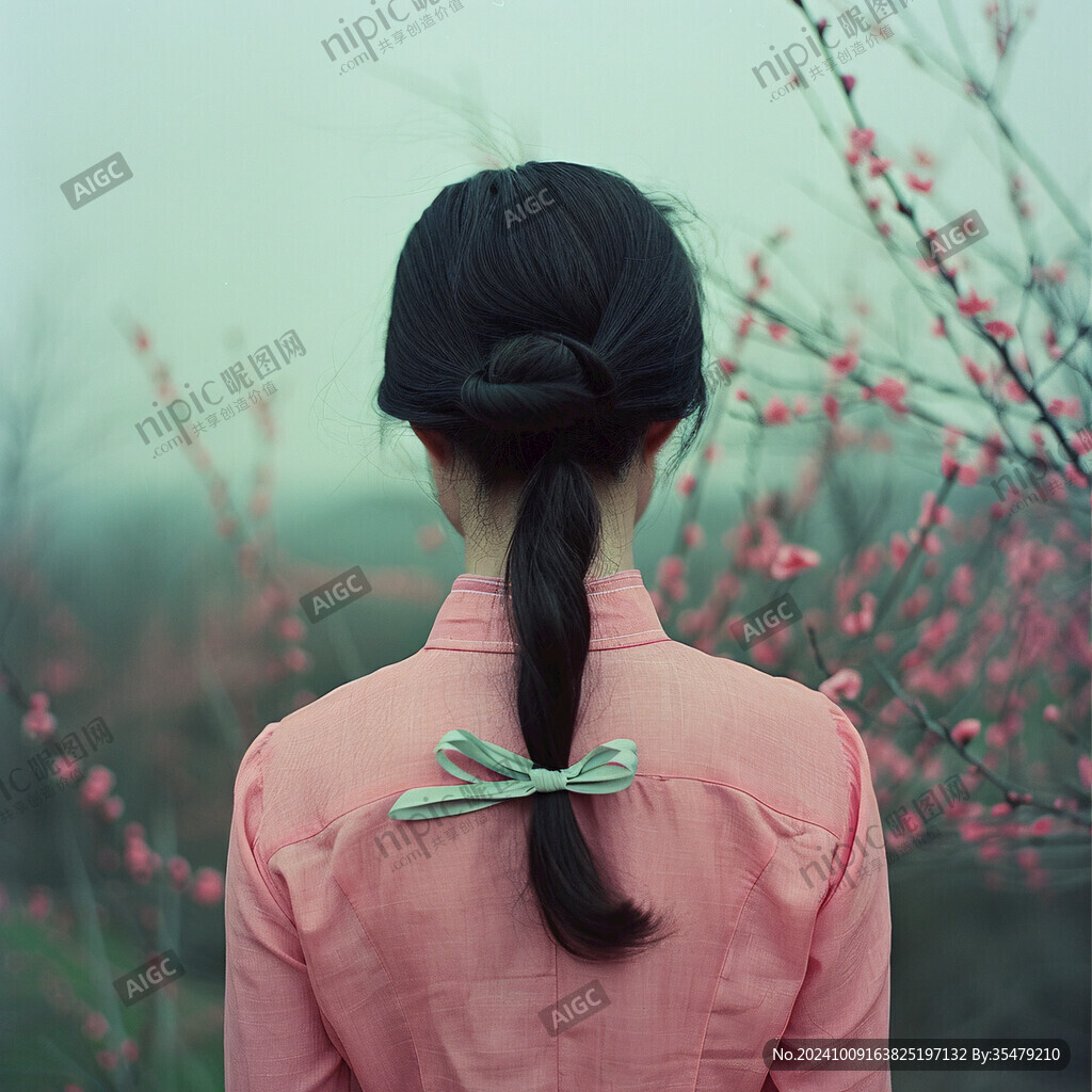 赏花红衣姑娘背影