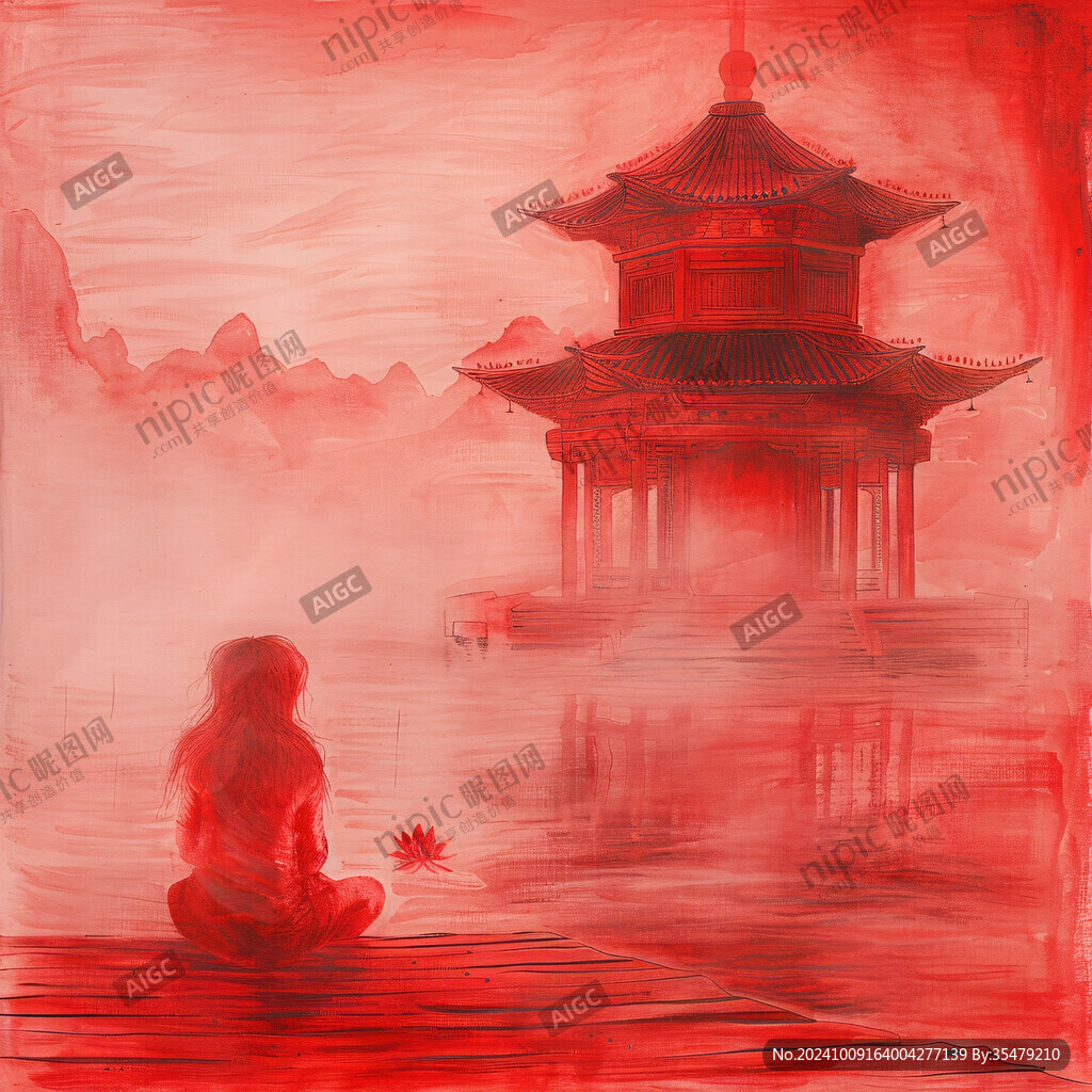 华侨禅风水彩建筑插画