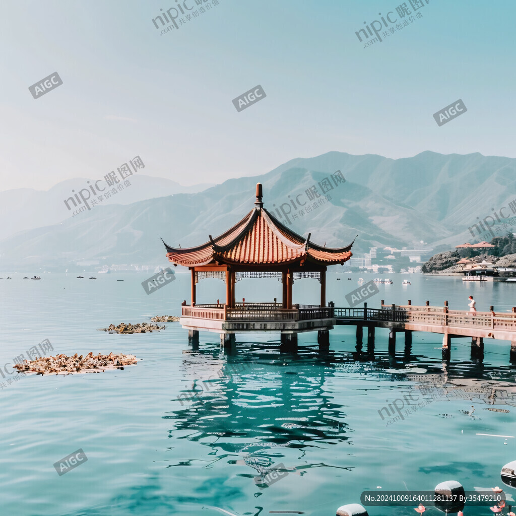 名胜古迹湖边凉亭园林