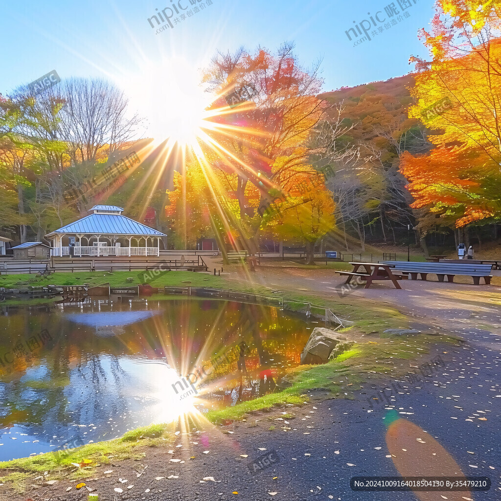 池塘枫林秋色