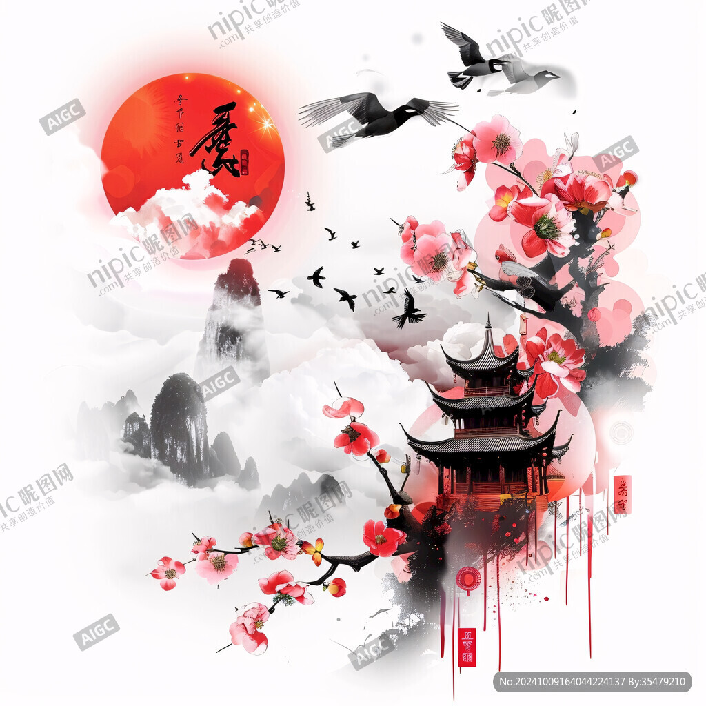 仙鹤楼阁山水插画