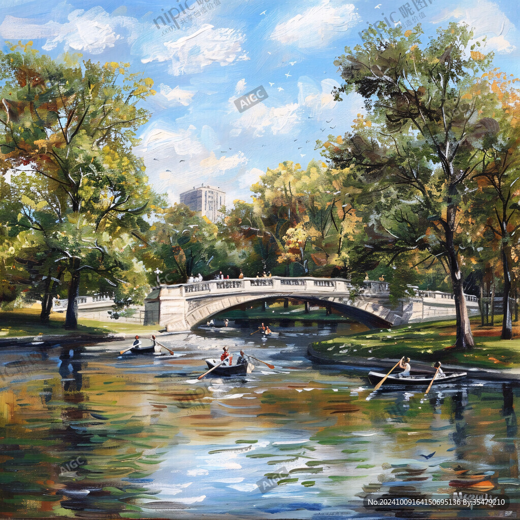 湖泊桥梁风景画