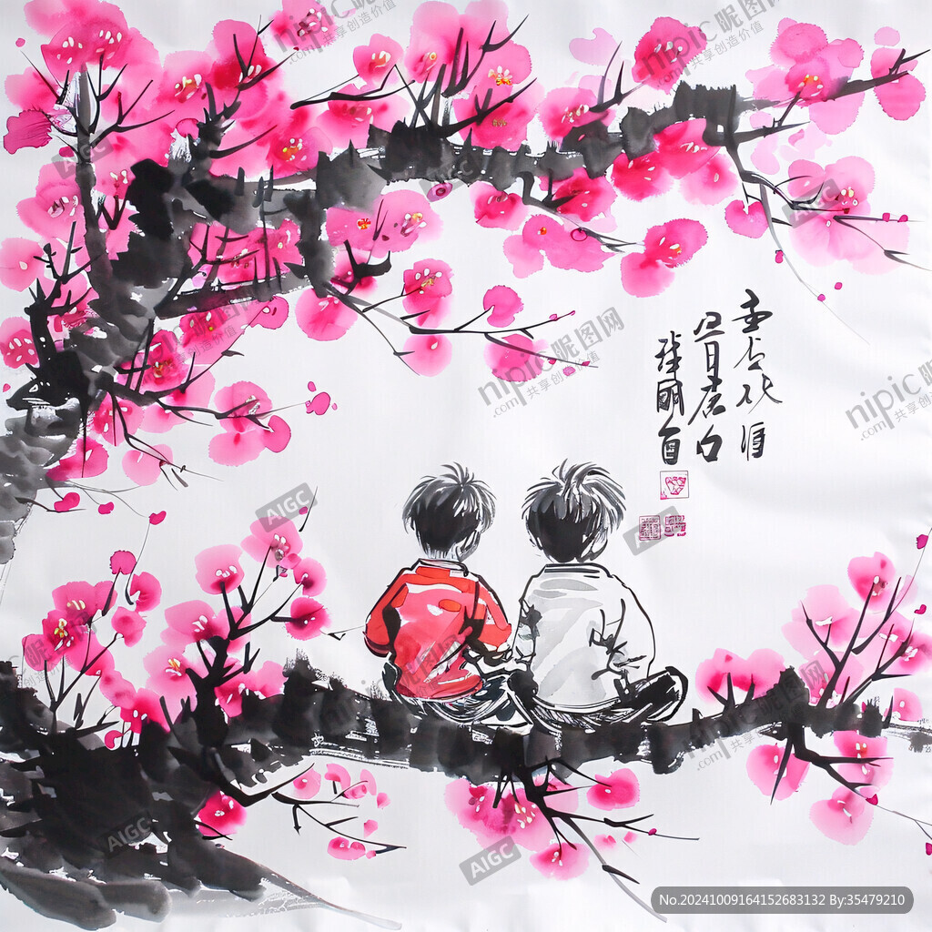 梅花和女孩水墨画