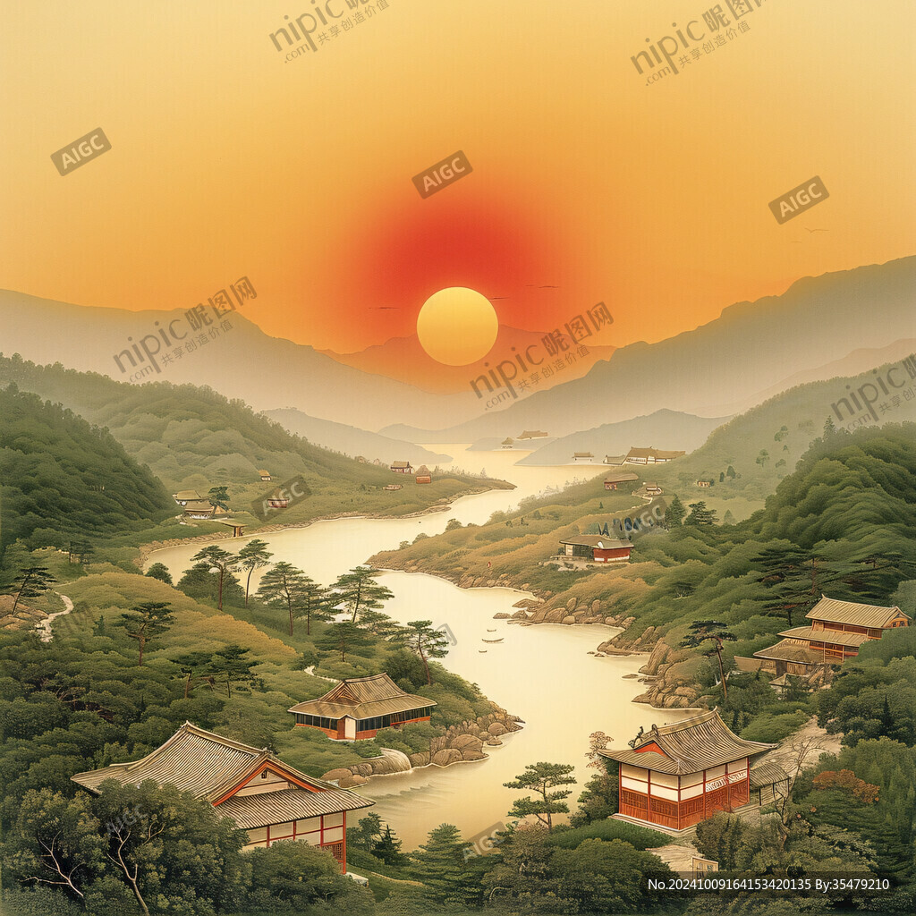 旭日东升楼阁山水画
