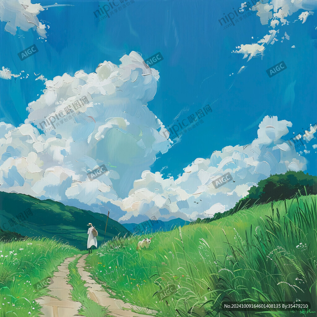 蓝天白云绿草油画