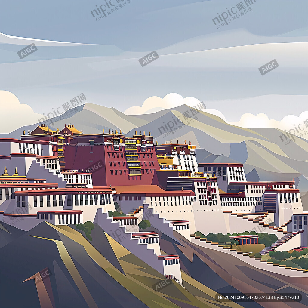 青藏地区城市建筑插画