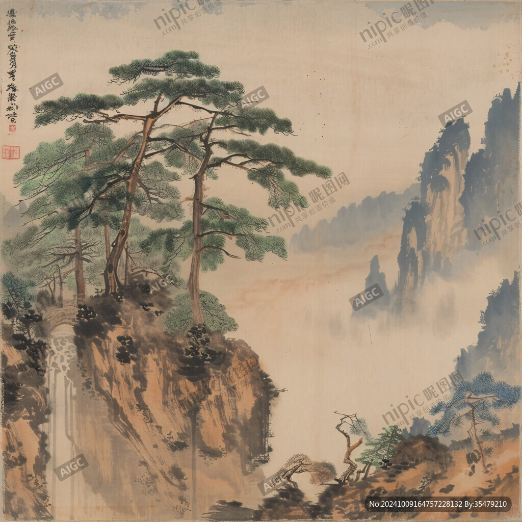 复古松树山水画
