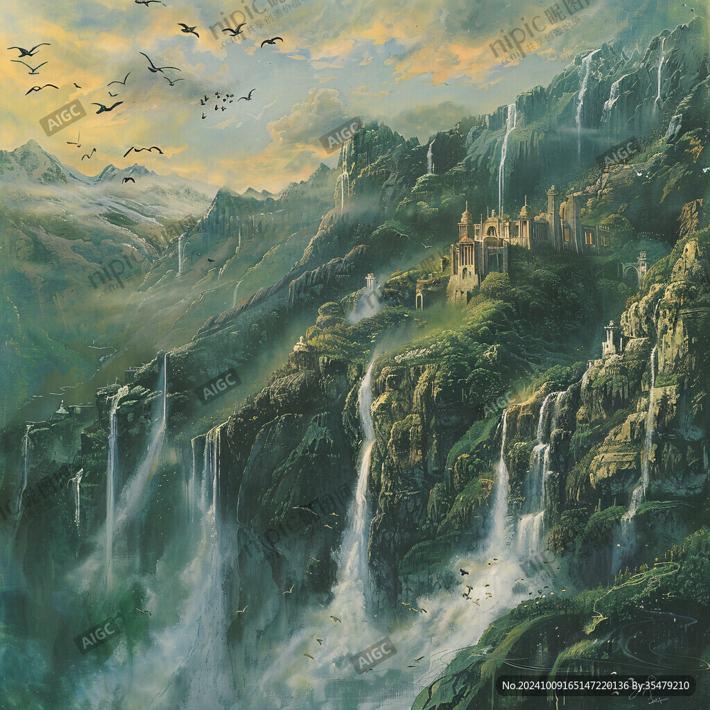 山水风景油画瀑布