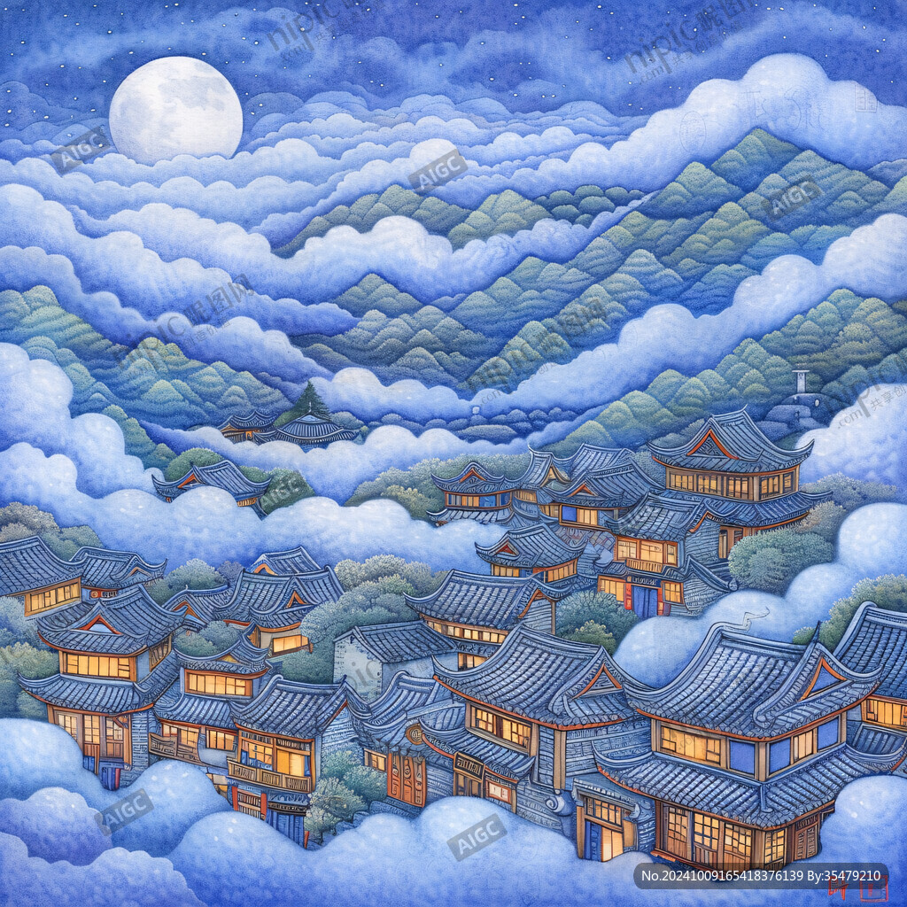 虎溪夜月景点插画