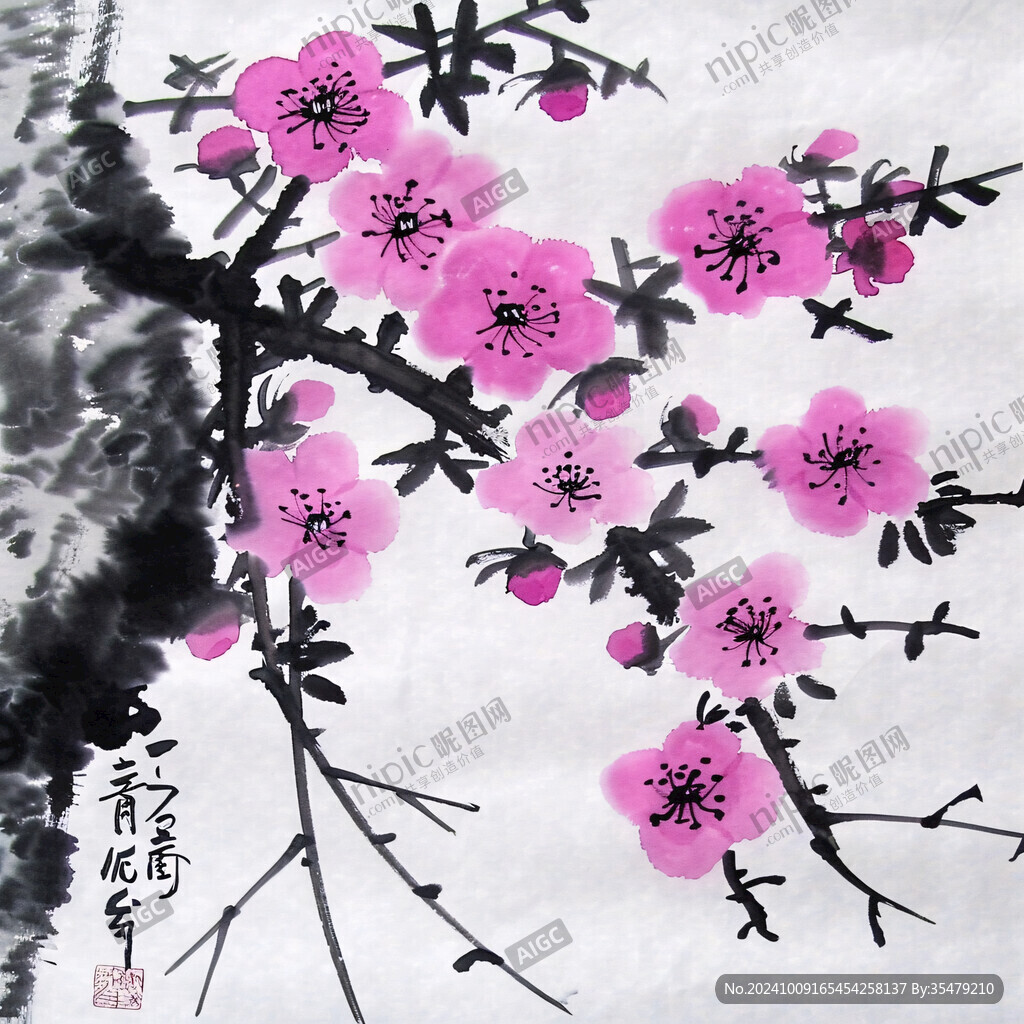 桃红色桃花运国画