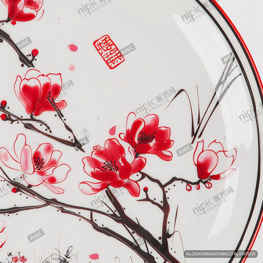 手绘梅花花鸟圆形框画