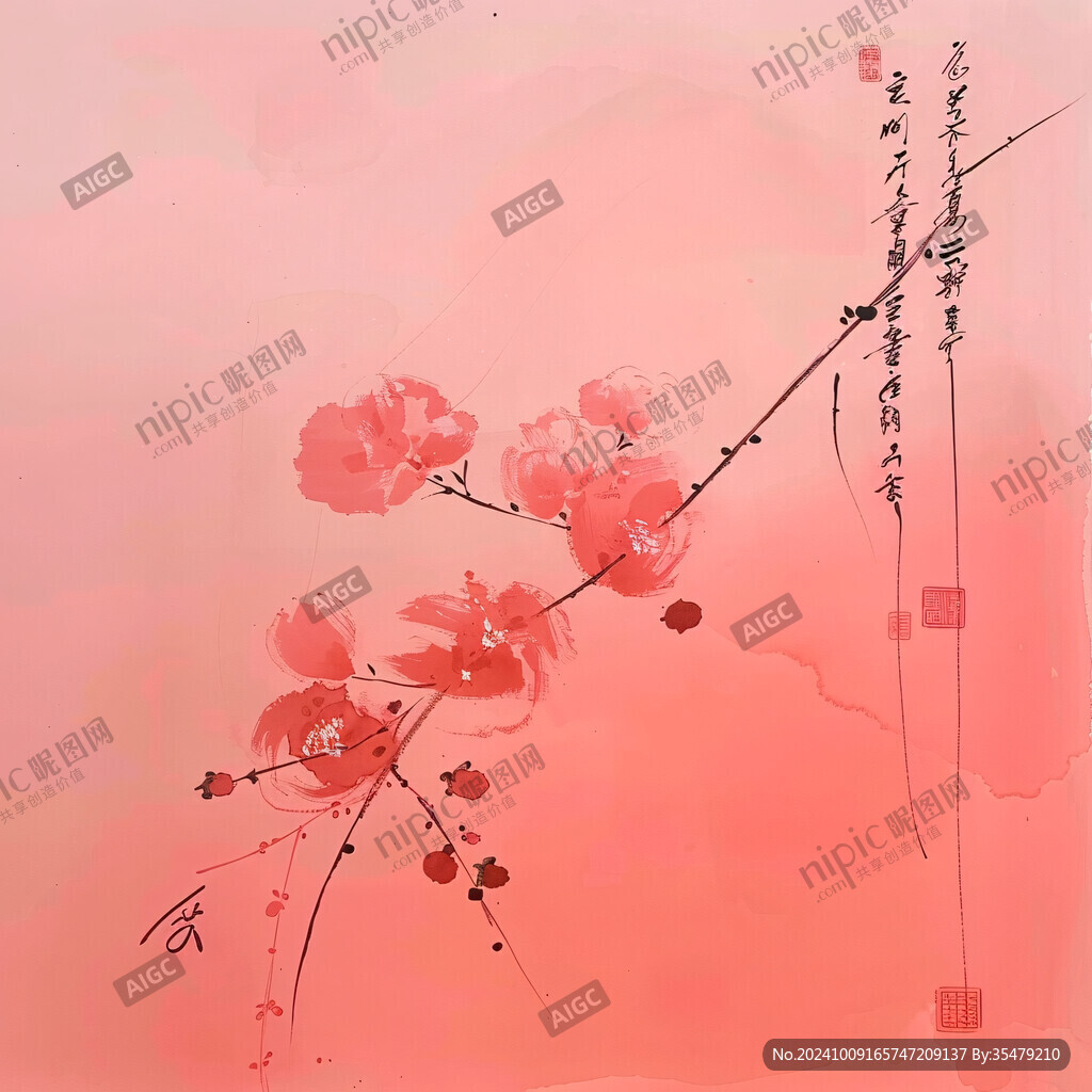 工笔手绘红墙梅花