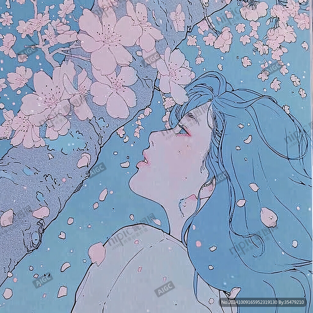 蓝色系女孩手绘