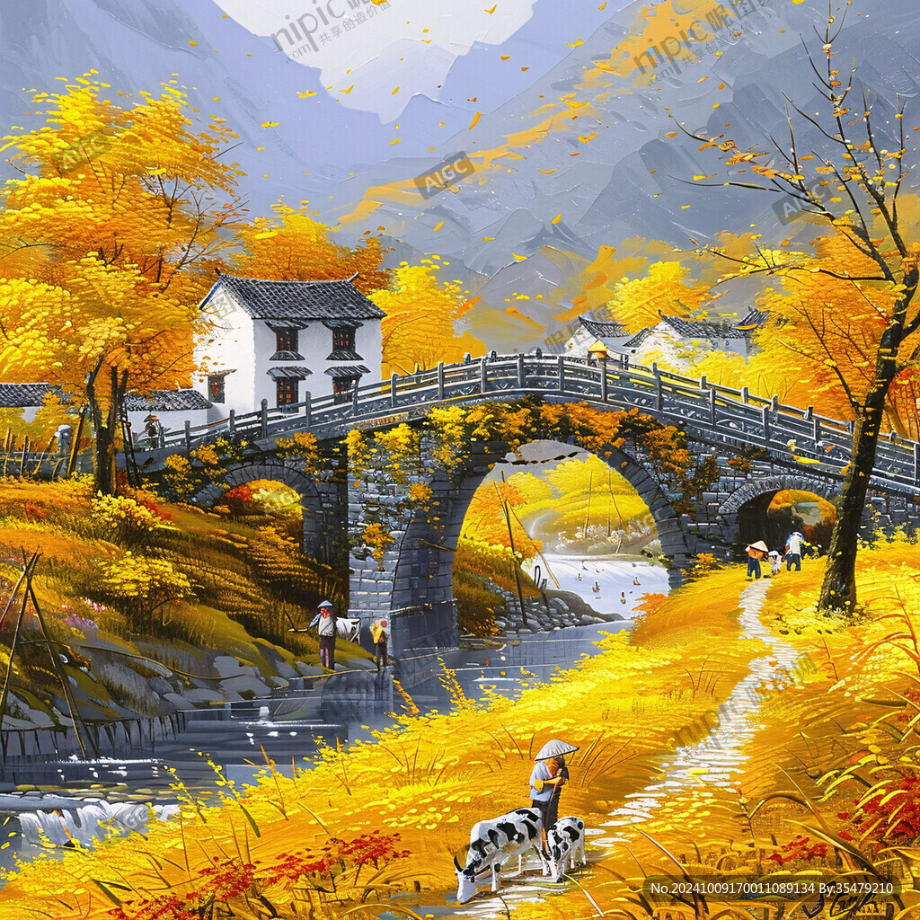 银杏山水风景画