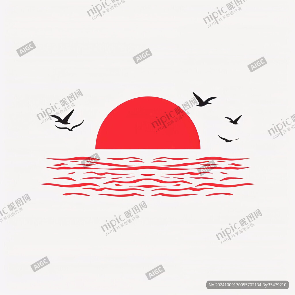 手绘海浪旭日东升