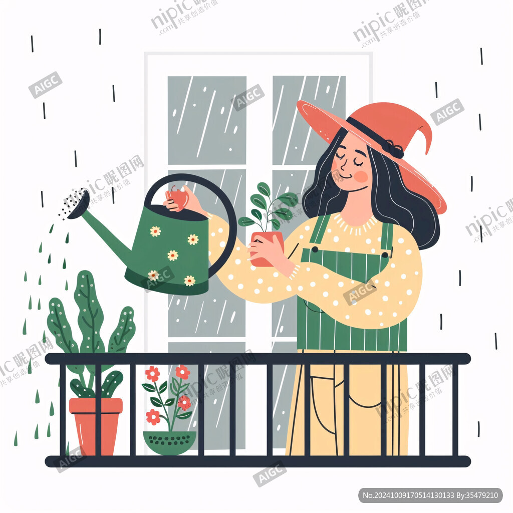 整理花园的女孩插画