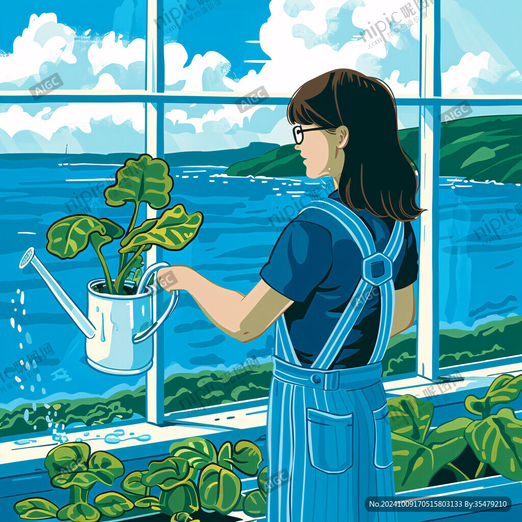 手绘女主人整理花园