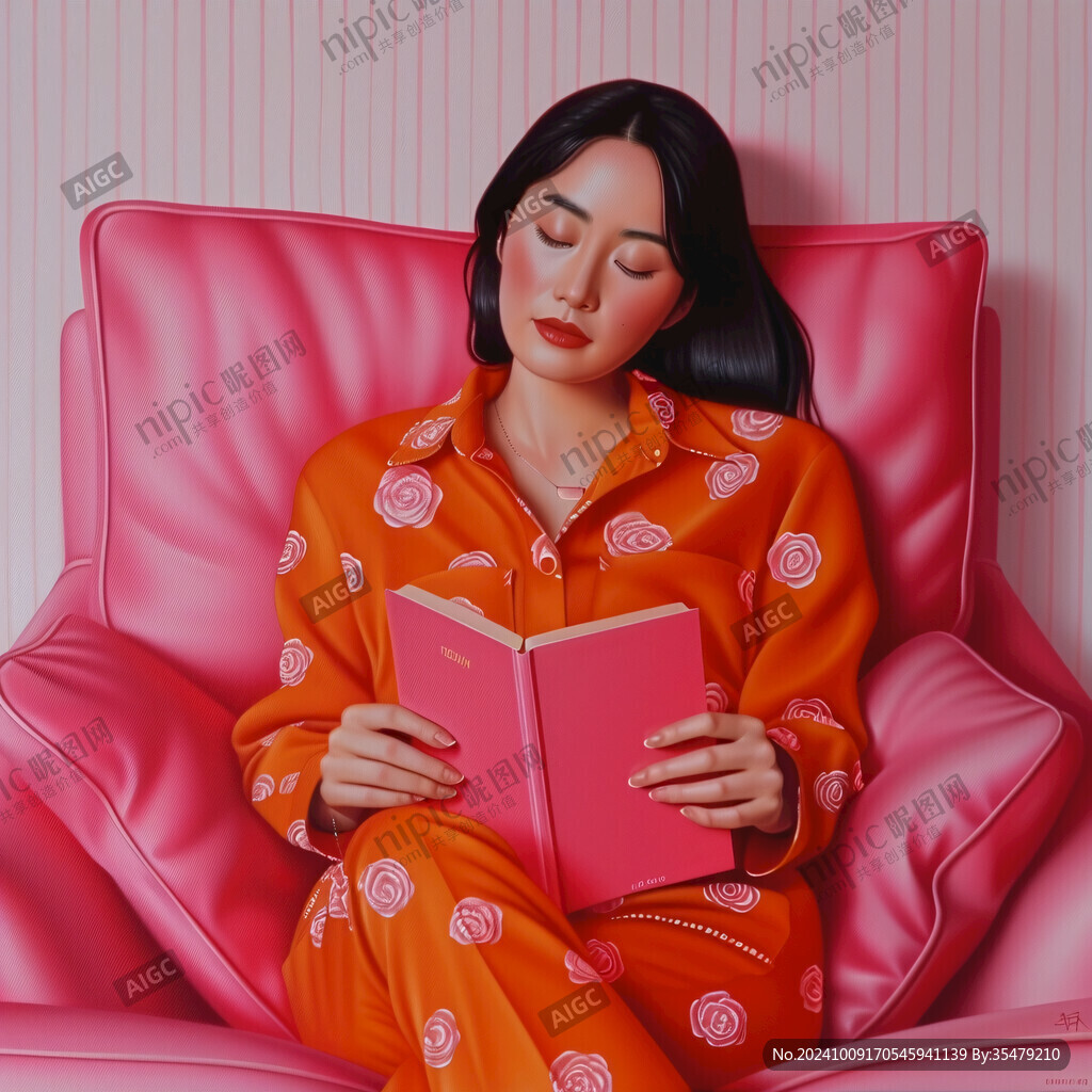 穿粉色衣服看书的女孩