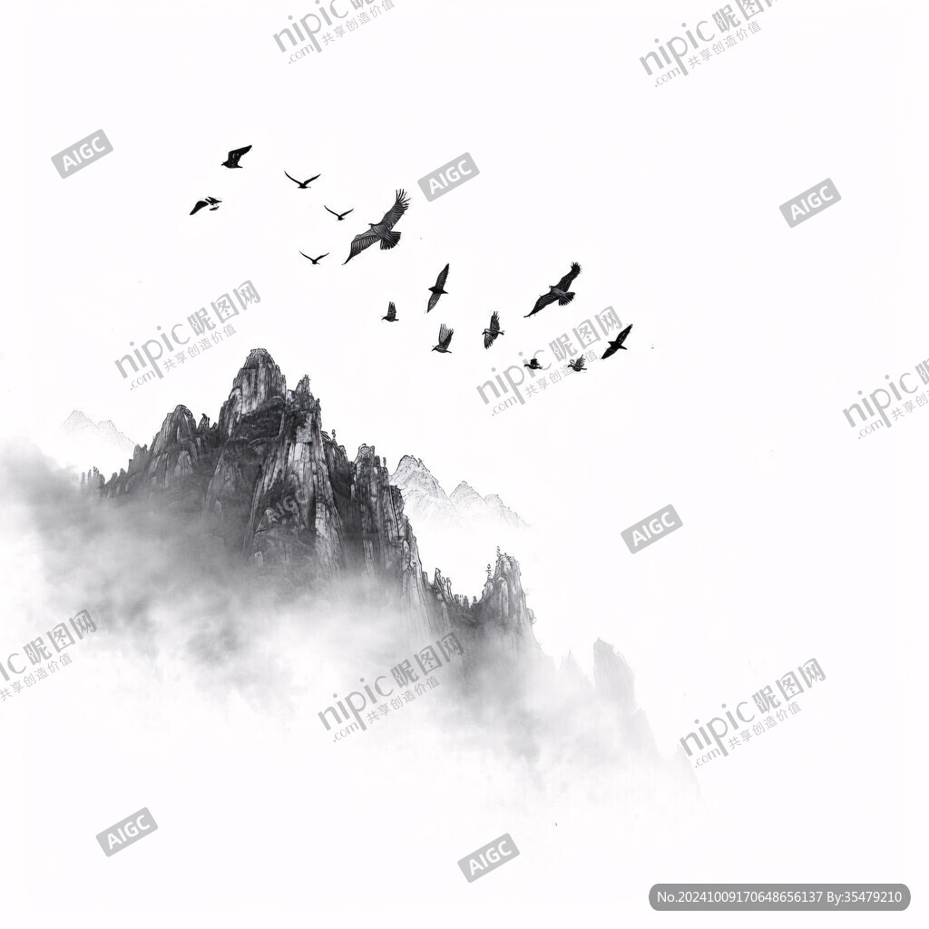 水墨山景飞鸽