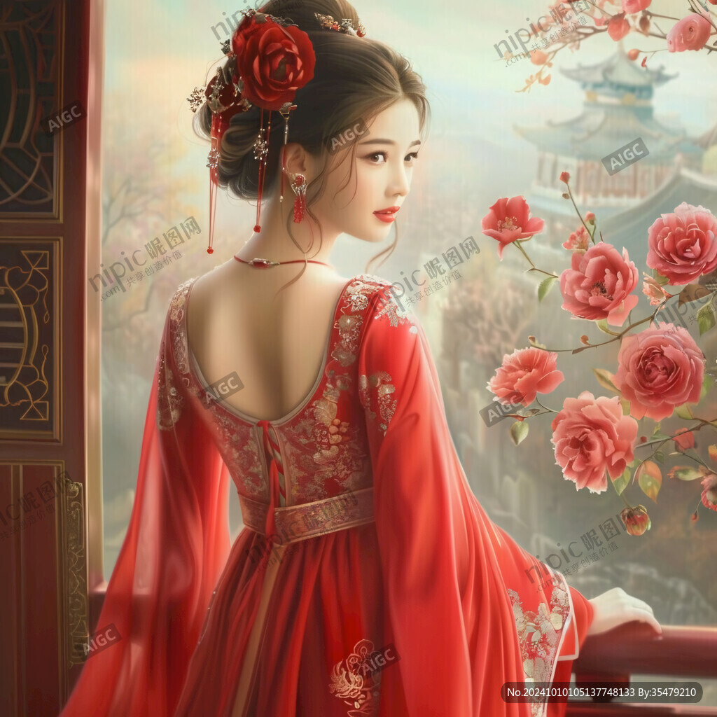 红衣美女古代仕女