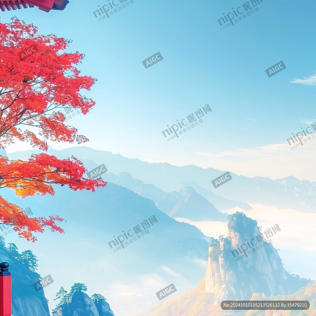 山顶上的红叶树和小庙