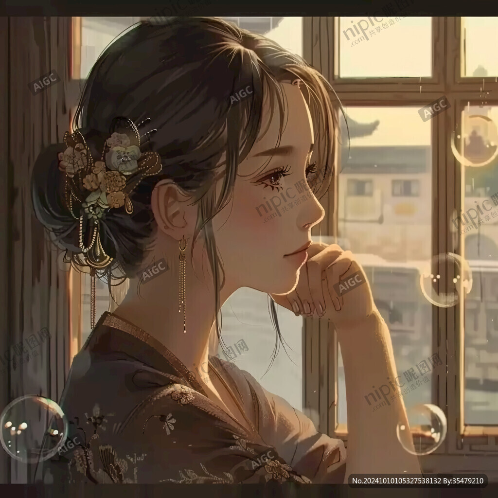 美人倚窗插画