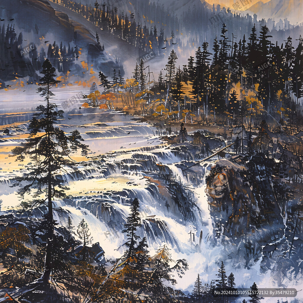 风雪流水山脉油画