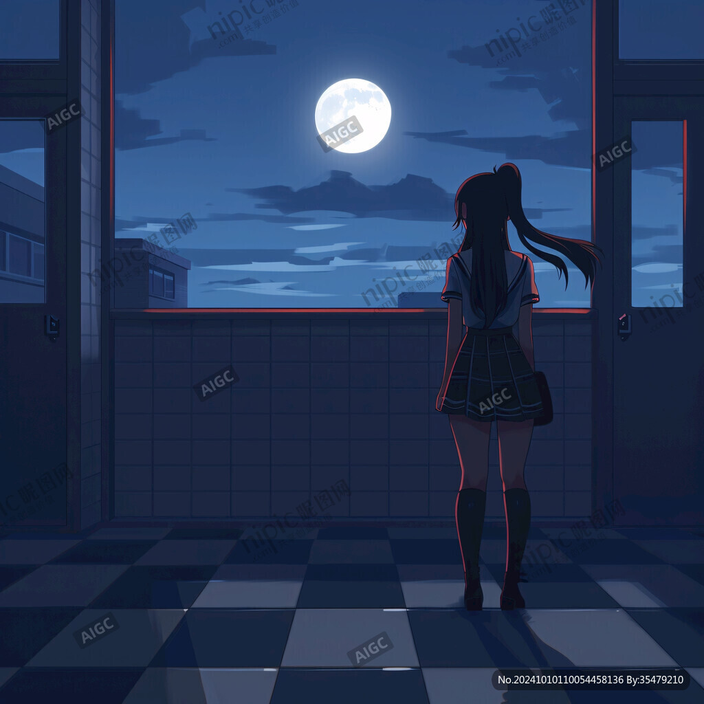女学生夕阳下插画