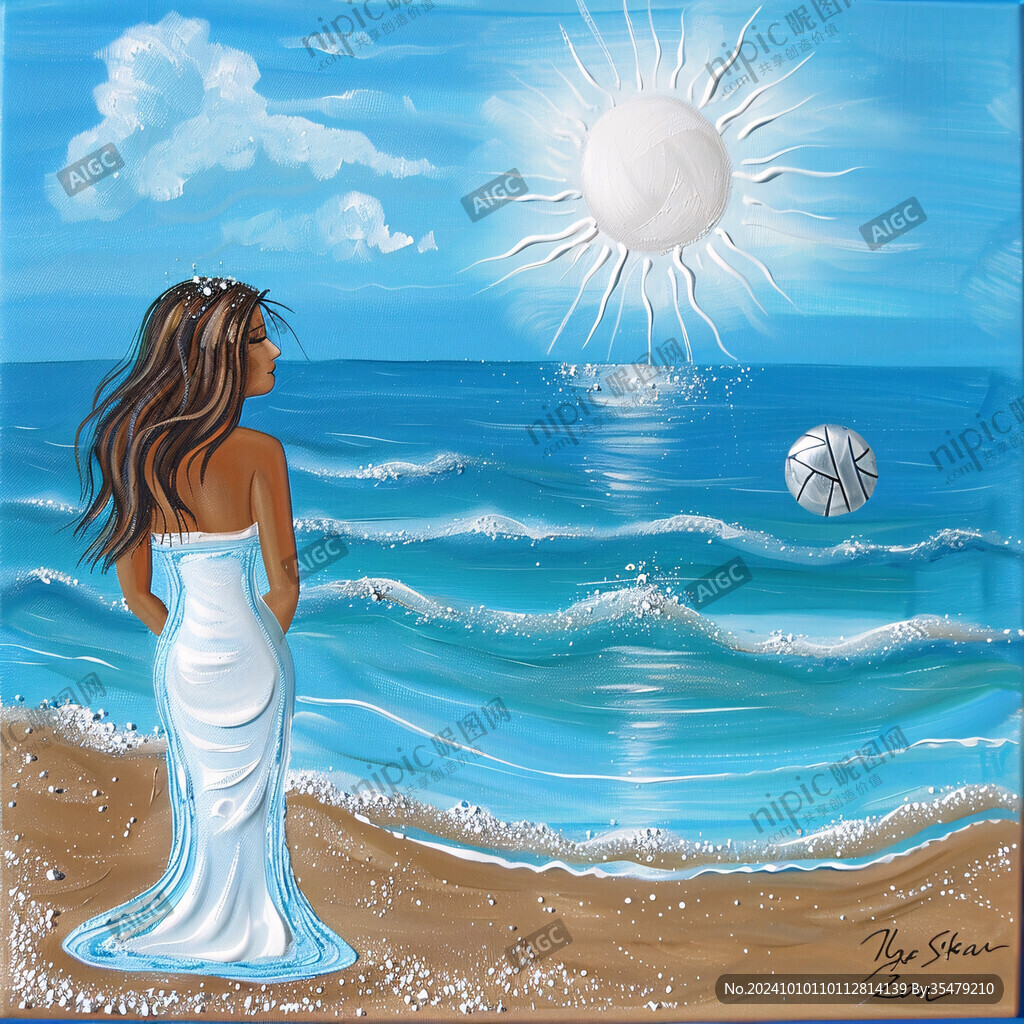 沙滩上的美女海边插画