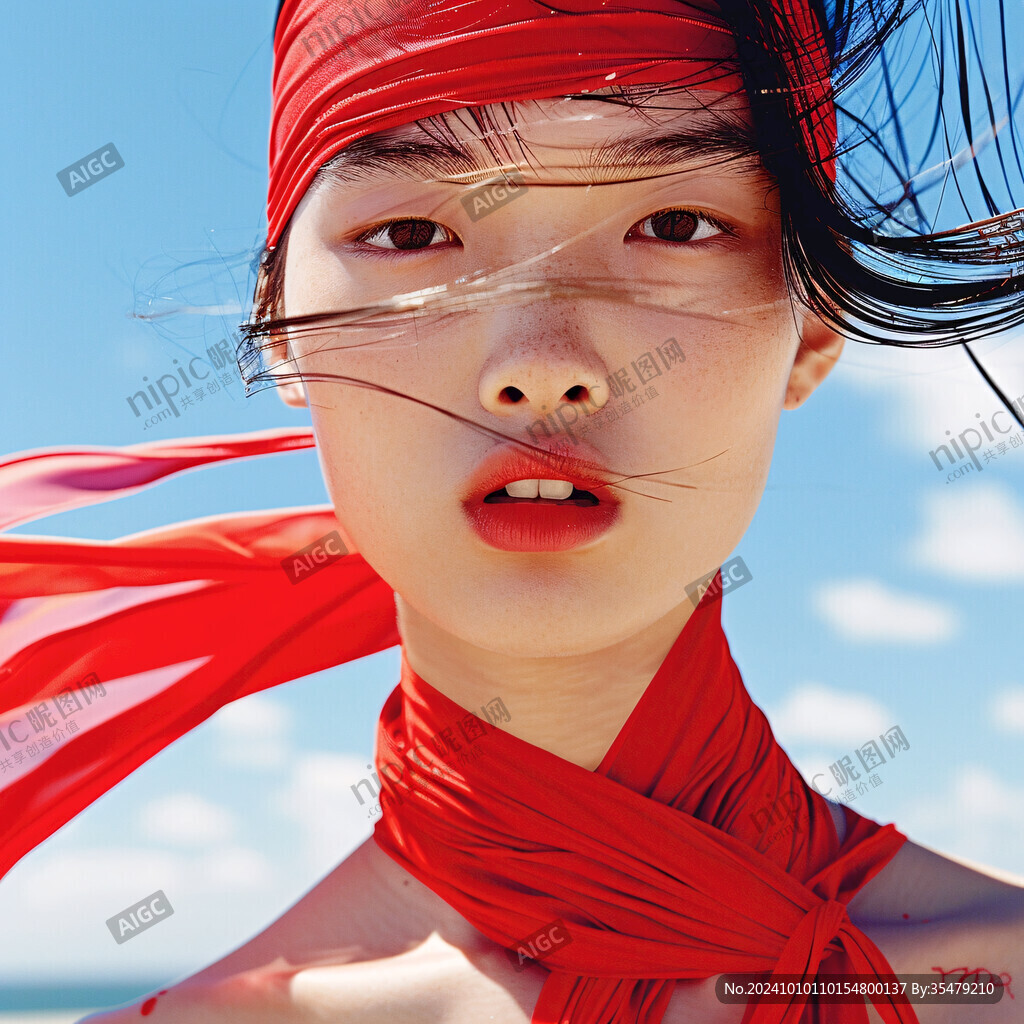 披着红纱巾的女子