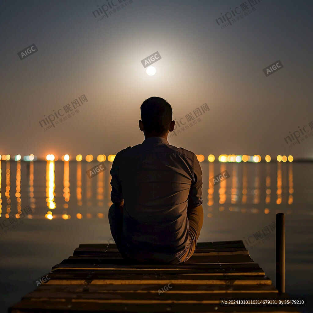 坐在湖边人物背影