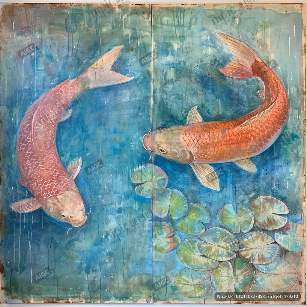 锦鲤戏水油画