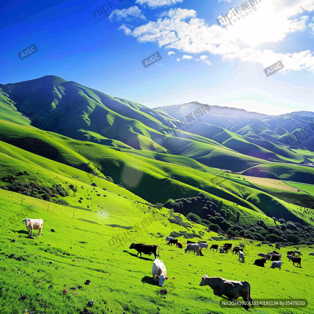 山坡牧牛风景画