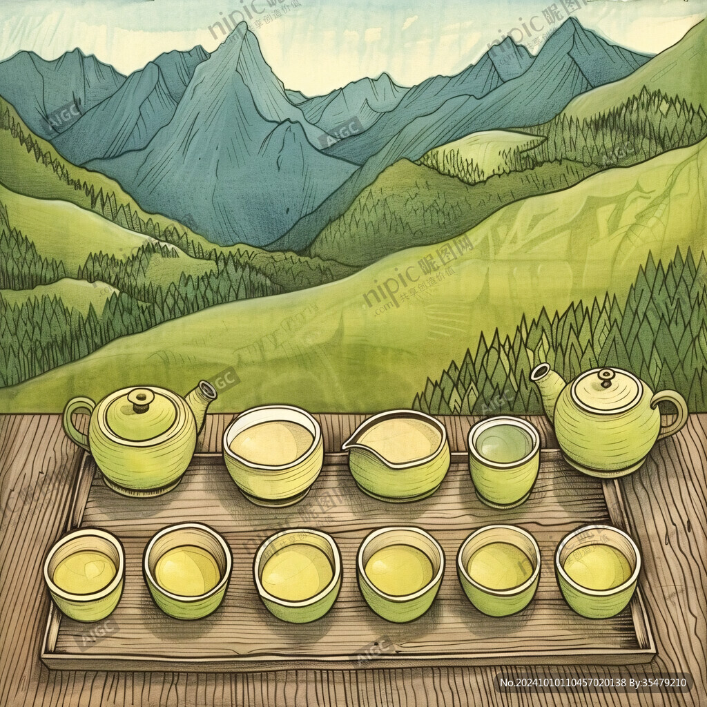 山水画茶树茶杯茶园