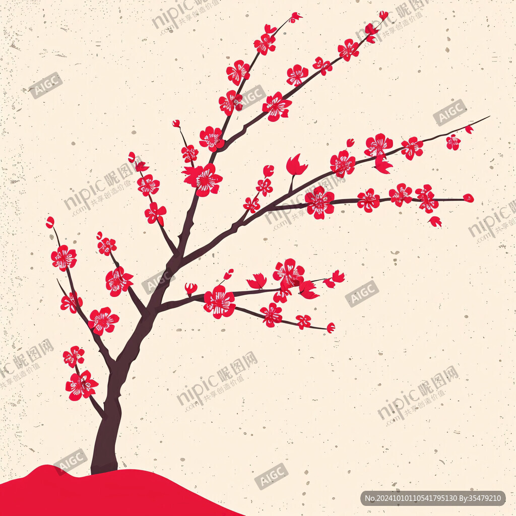 手绘红底梅花