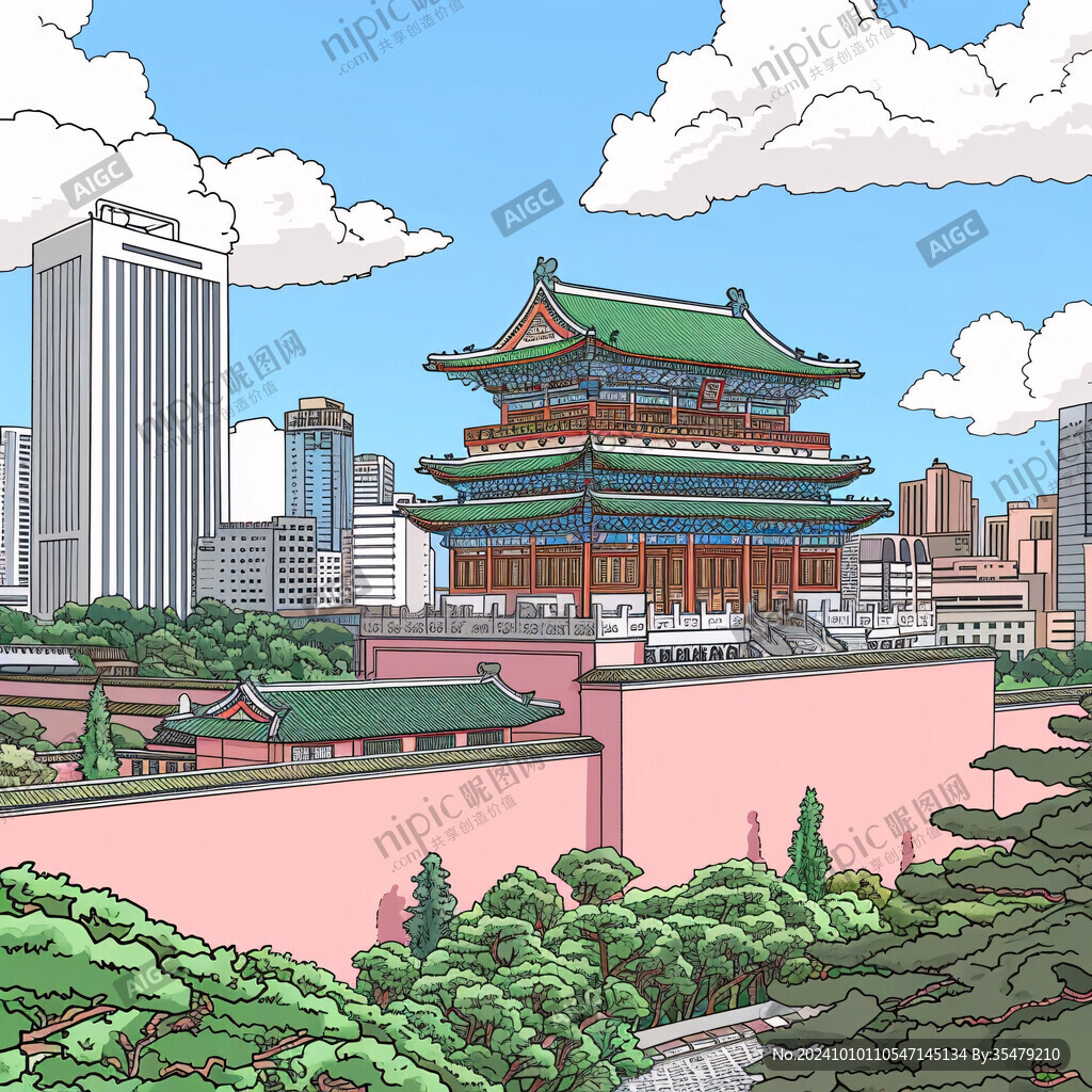 华北地区城市建筑插画