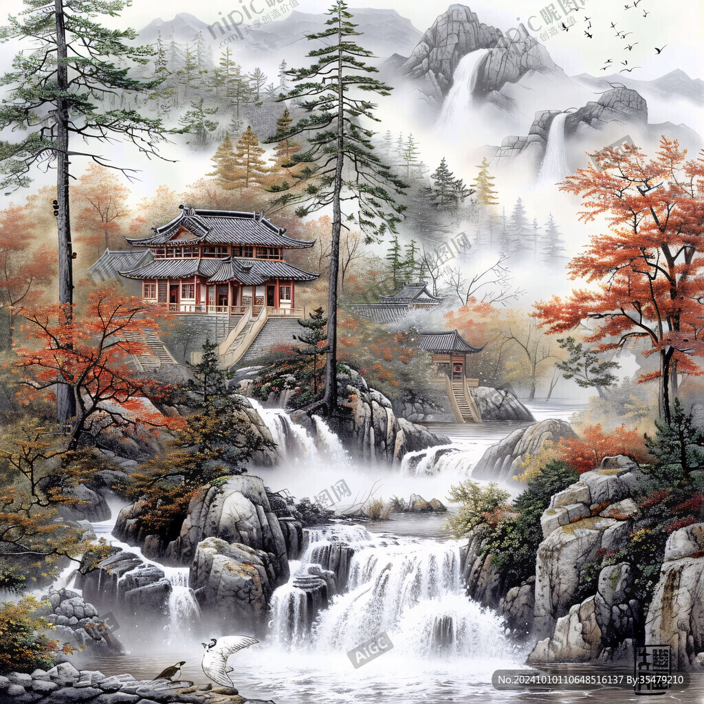 山水楼阁亭台墙画