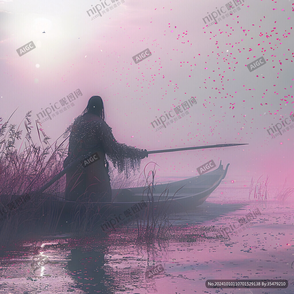 水墨渔夫垂钓水乡