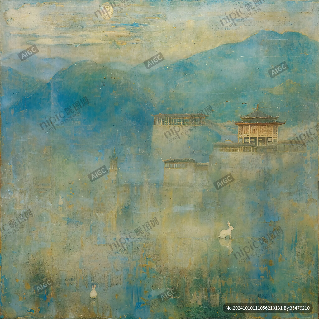 古风亭台楼阁油画