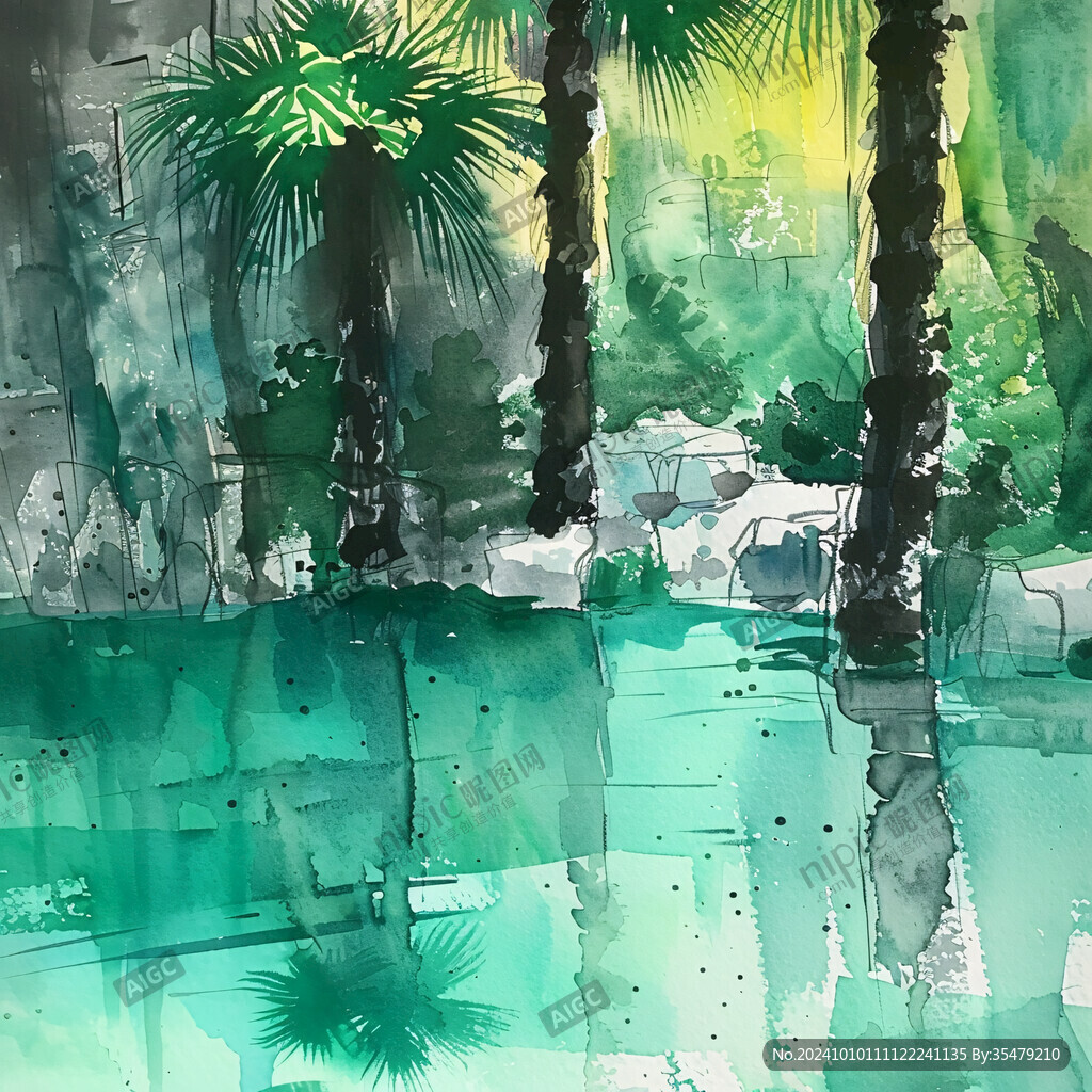 热带风景水彩画
