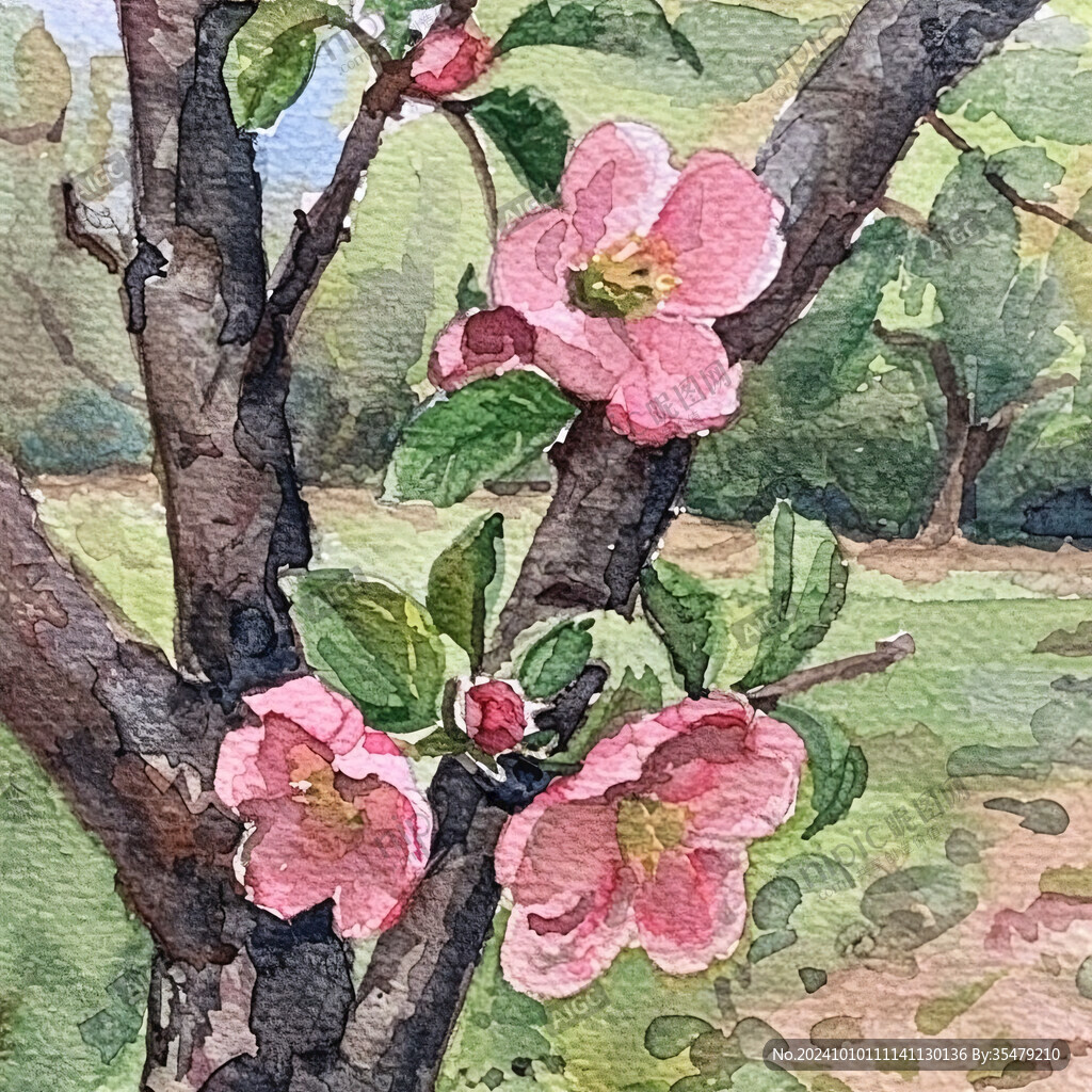 水彩桃花桃树