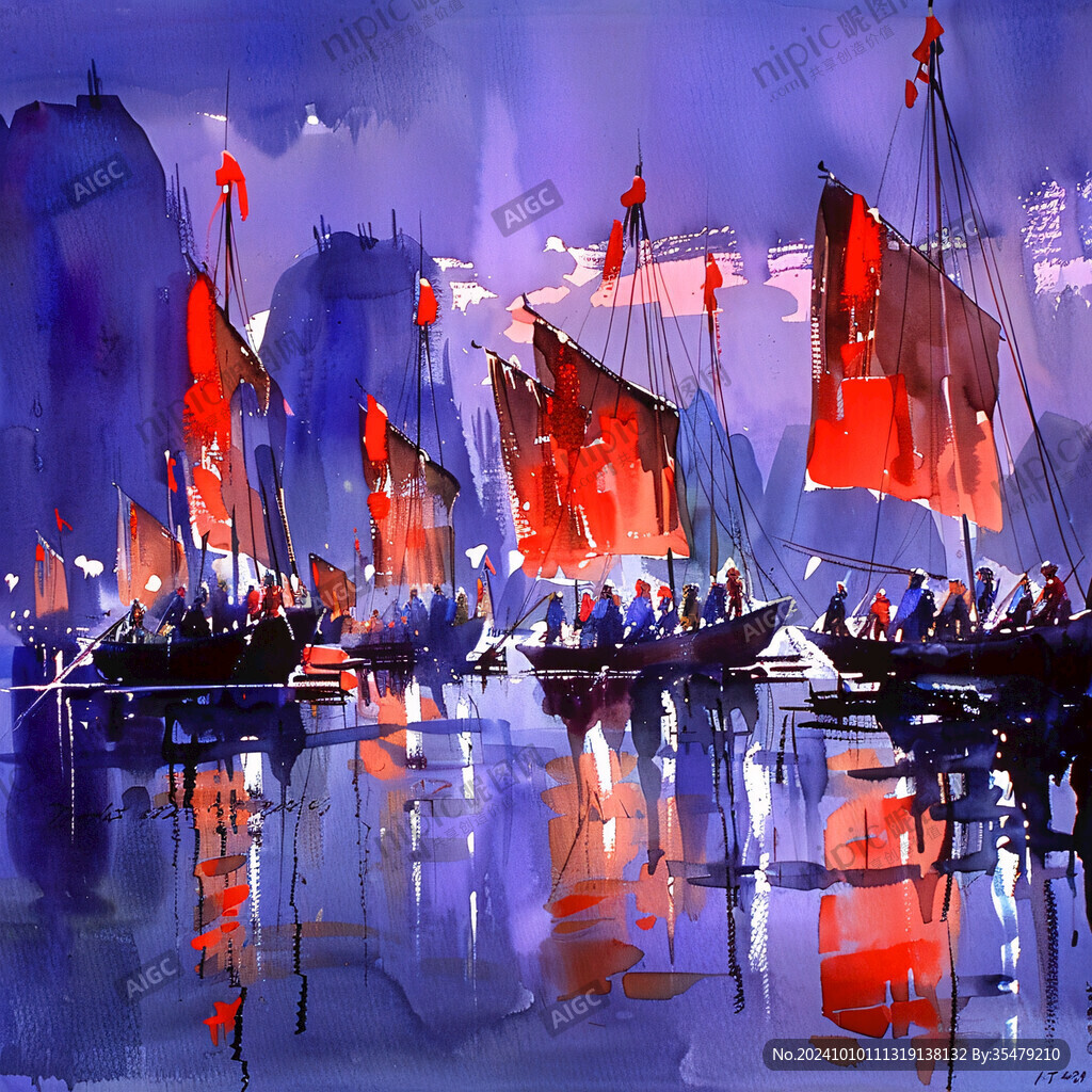 水墨风景画渔船