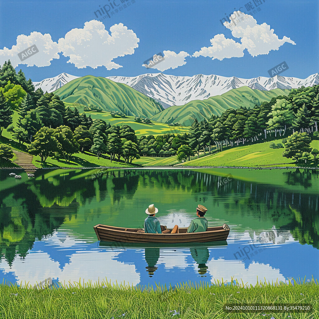 湖畔渔舟河流山峰环保